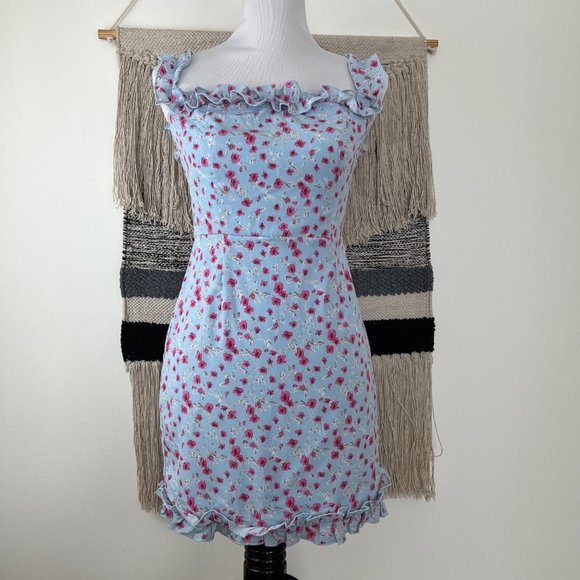 REVOLVE Superdown Cruz Off Shoulder Blue Floral Mini Dress Size Medium - Picture 5 of 12